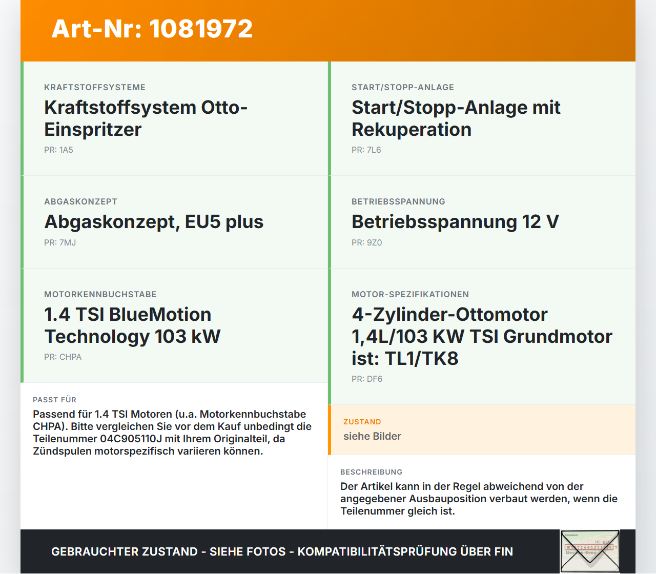 VW Golf 7 VII 5G 12-17 TSI 1,4 103KW Zündspule Zyl.3 VW Golf 7 VII 5G 12-17 06.05.2013 04C905110J 0523223023 gebraucht Vorschau 3