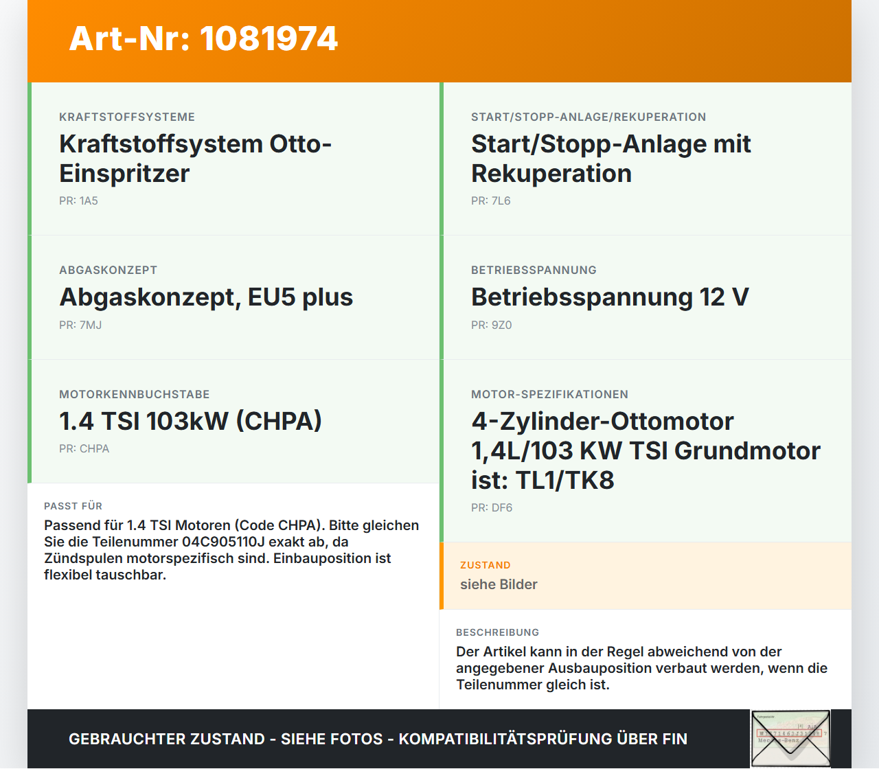 VW Golf 7 VII 5G 12-17 TSI 1,4 103KW Zündspule Zyl.2 VW Golf 7 VII 5G 12-17 06.05.2013 04C905110J U5153 gebraucht Vorschau 3