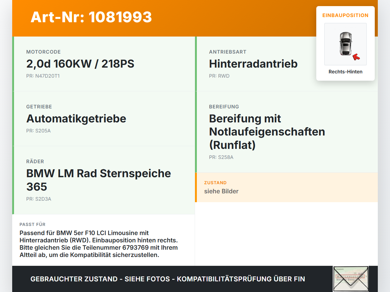 BMW 525d F10 13-17 Lim 2,0d 160KW Achsschenkel Radnabe Rechts Hinten BMW 525d F10 13-17 27.02.2014 6793770... Vorschau 3