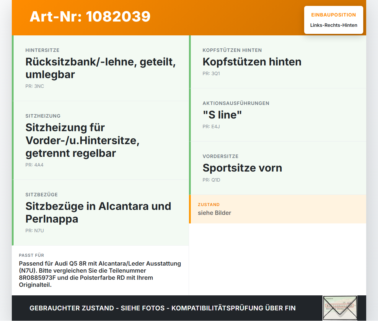 Audi Q5 8R 08-12 Kopfstütze Rechts oder Links Hinten Audi Audi Q5 8R 08-12 09.06.2009 8R0885973F gebraucht Vorschau 3