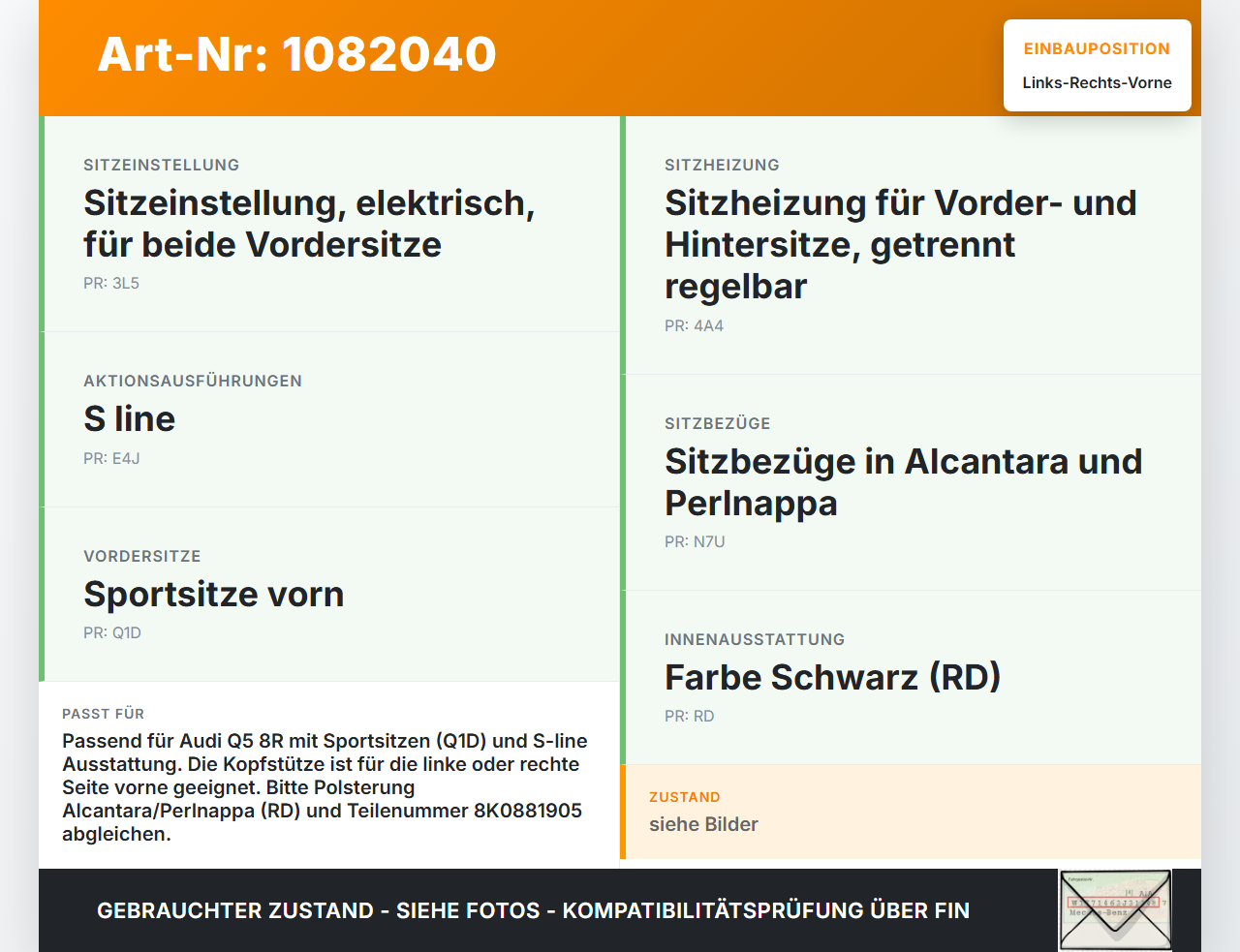 Audi Q5 8R 08-12 Kopfstütze für Beifahrer Sitz Rechts oder Links Vorne Audi Audi Q5 8R 08-12 09.06.2009 8K0881905... Vorschau 3