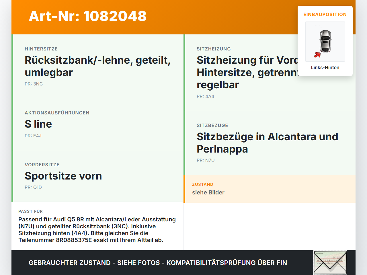 Audi Q5 8R 08-12 Sitzbezug Sitzpolster Links für Rücksitzbank Hinten Audi Audi Q5 8R 08-12 09.06.2009 8R0885375E... Vorschau 3
