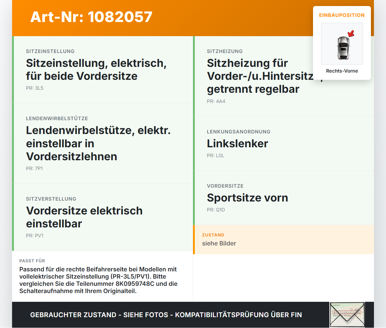 Audi Q5 8R 08-12 Schalter Sitzverstellung Sitzschalter Vorne Rechts Audi Audi Q5 8R 08-12 09.06.2009 8K0959748... Vorschau 3