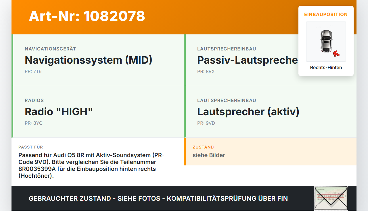 Audi Q5 8R 08-12 Lautsprecher Hochtöner Rechts Hinten Audi Audi Q5 8R 08-12 09.06.2009 8R0035399A gebraucht Vorschau 3
