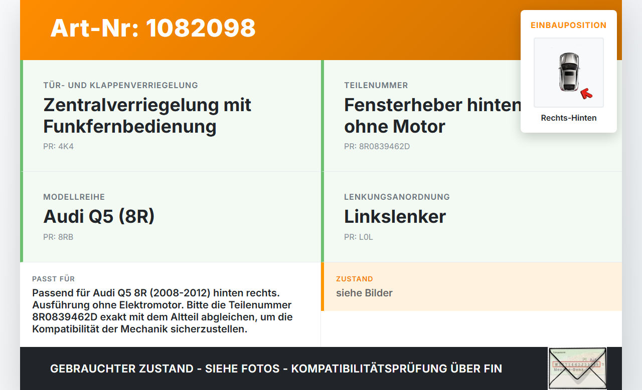 Audi Q5 8R 08-12 Fensterheber o. FH-Motor Hinten Rechts Audi Audi Q5 8R 08-12 09.06.2009 8R0839462D 1021-966620-101... Vorschau 3