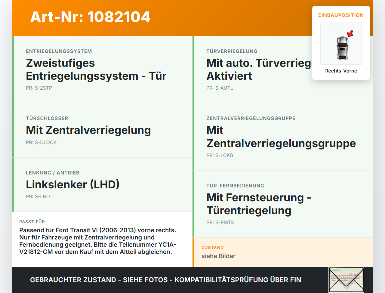 Ford Transit VI 06-13 Kasten Türschloss m. ZV Stellmotor Rechts Vorne Ford Transit VI 06-13 02.01.2014... Vorschau 3