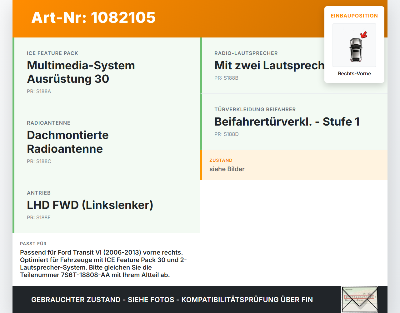 Ford Transit VI 06-13 Lautsprecher Rechts Vorne Ford Transit VI 06-13 02.01.2014 7S6T-18808-AA gebraucht Vorschau 3