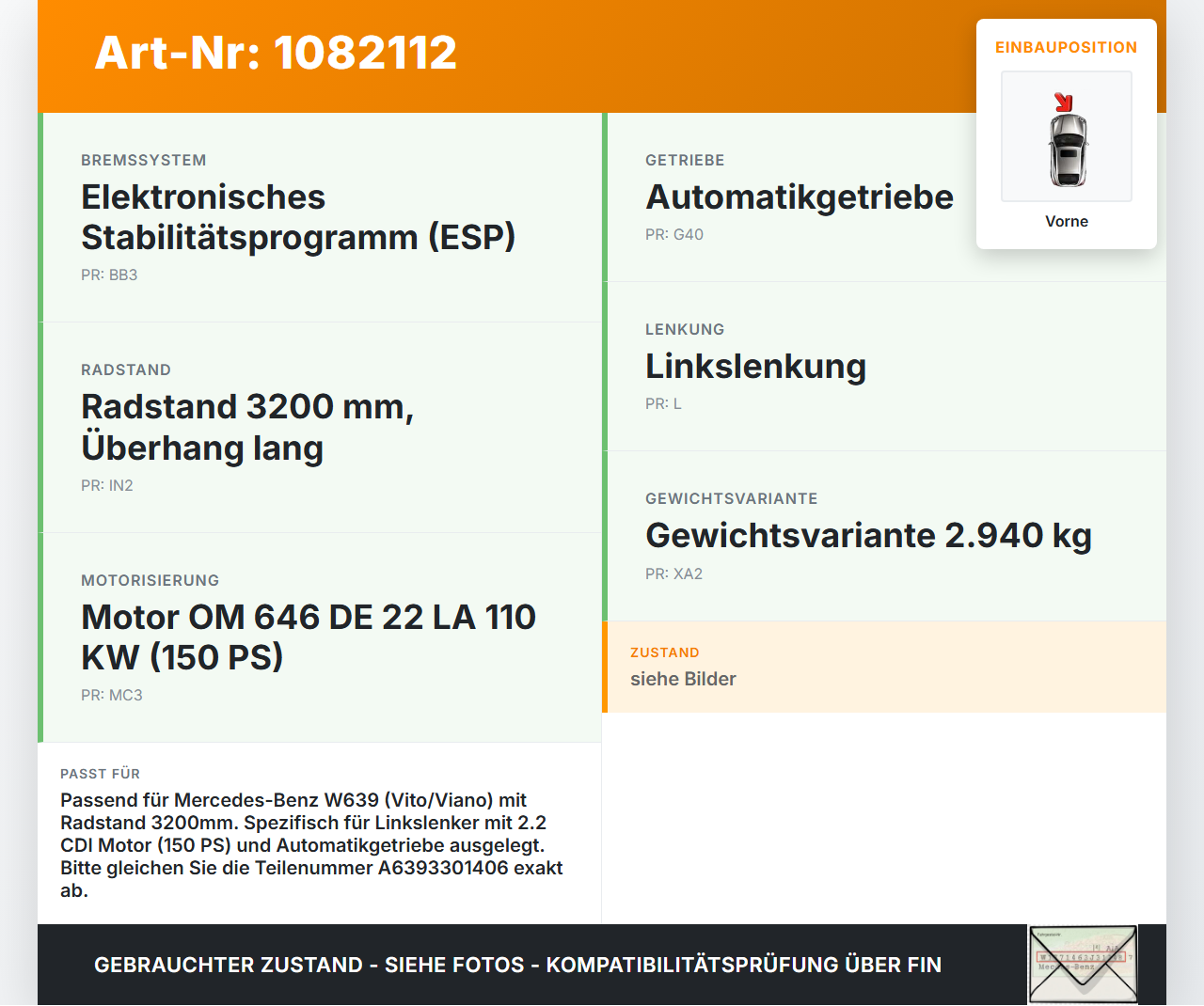 Mercedes Viano Vito W639 03-10 CDI 2,2 110KW Achsträger Vorderachse Vorne Mercedes Viano Vito W639 03-10 01.07.2004... Vorschau 3