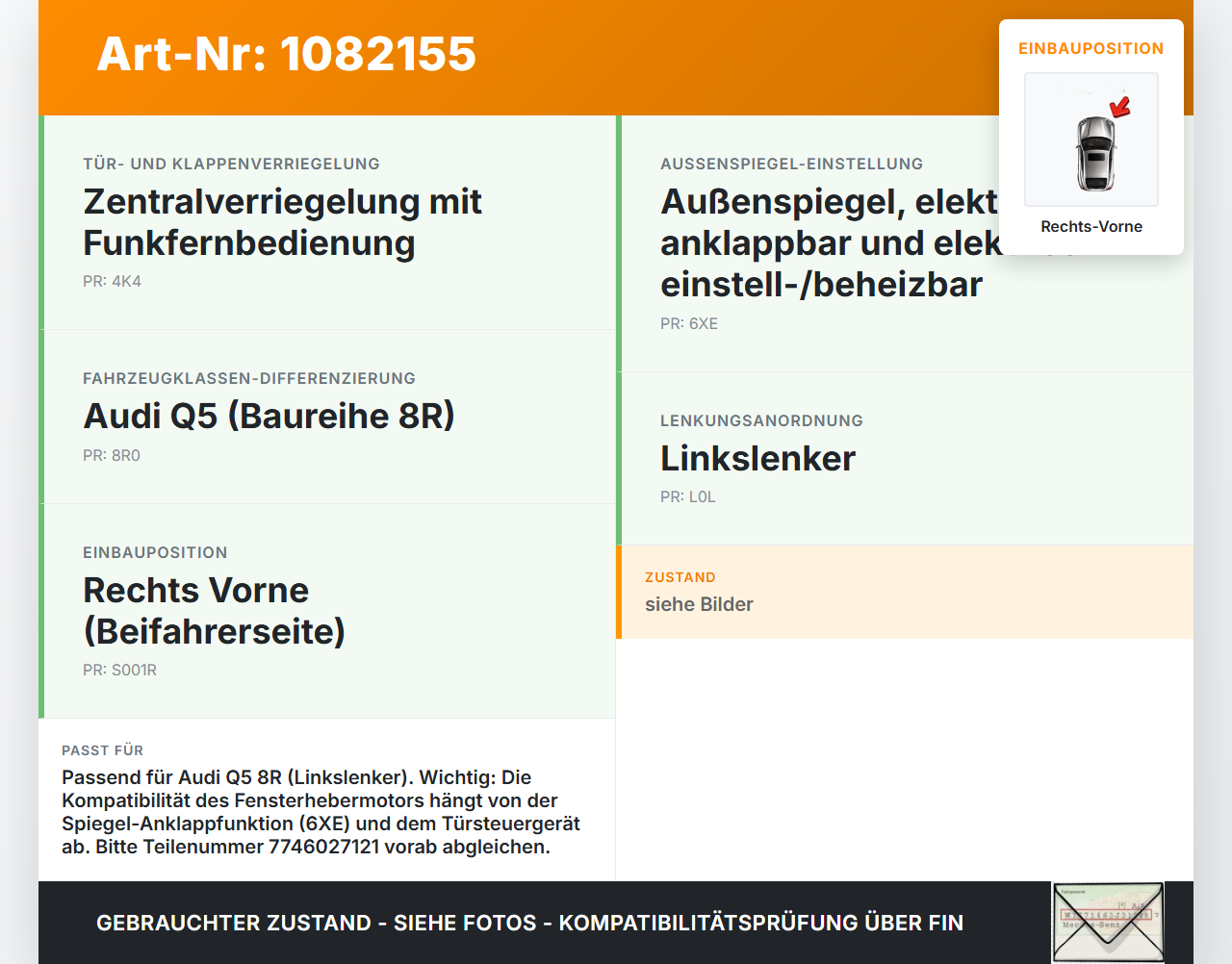 Audi Q5 8R 08-12 Fensterhebermotor mit Fensterheber Rechts Vorne Audi Audi Q5 8R 08-12 09.06.2009 1101919809201... Vorschau 3