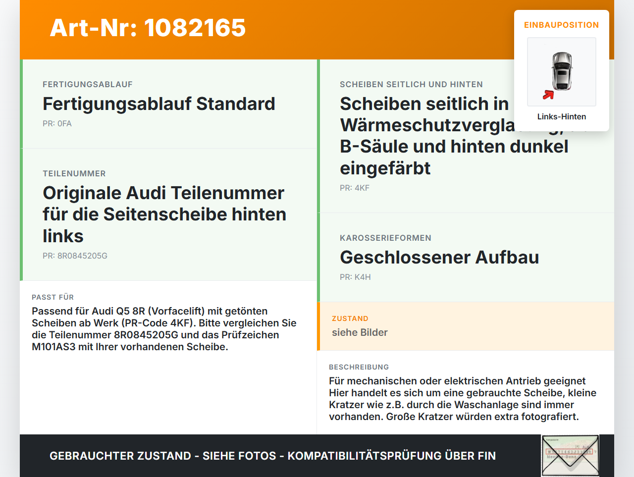 Audi Q5 8R 08-12 Seitenscheibe LHK für Tür Fenster Scheibe Links Hinten Orig. getönt Audi Audi Q5 8R 08-12... Vorschau 3
