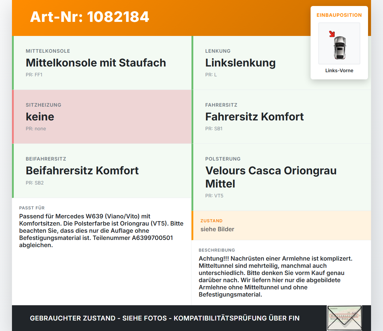 Mercedes Viano Vito W639 03-10 Armlehne Mittelarmlehne Auflage Links Vorne Mercedes Viano Vito W639 03-10... Vorschau 3