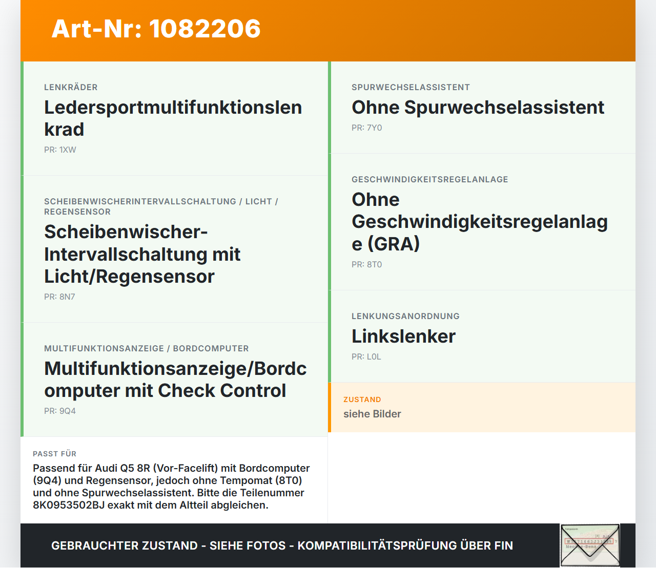 Audi Q5 8R 08-12 Lenkstockschalter Blinker Wischer schalter Audi Audi Q5 8R 08-12 09.06.2009 8K0953502BJ gebraucht Vorschau 3
