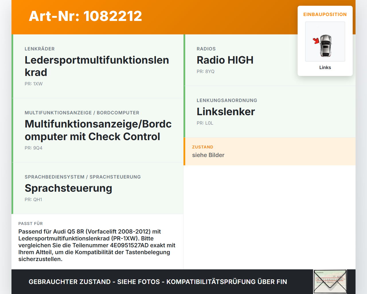 Audi Q5 8R 08-12 Lenkradschalter Multifunktionstasten Lenkrad Schalter Links Audi Audi Q5 8R 08-12 09.06.2009... Vorschau 3