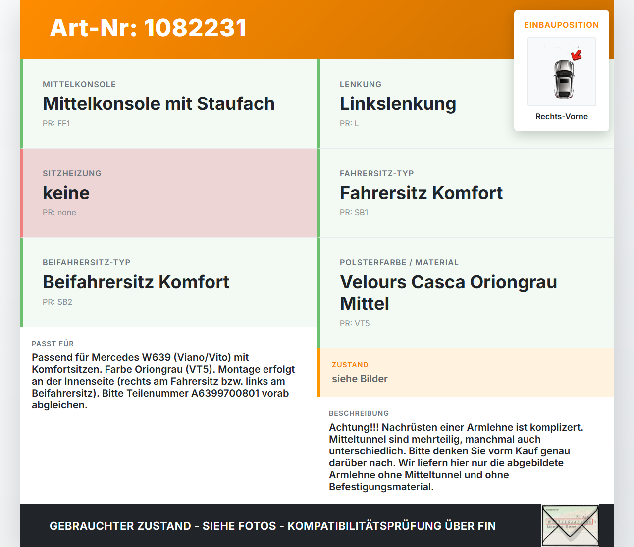 Mercedes Viano Vito W639 03-10 Armlehne Auflage Rechts Vorne Linke Seite Innen Mercedes Viano Vito W639 03-10... Vorschau 3
