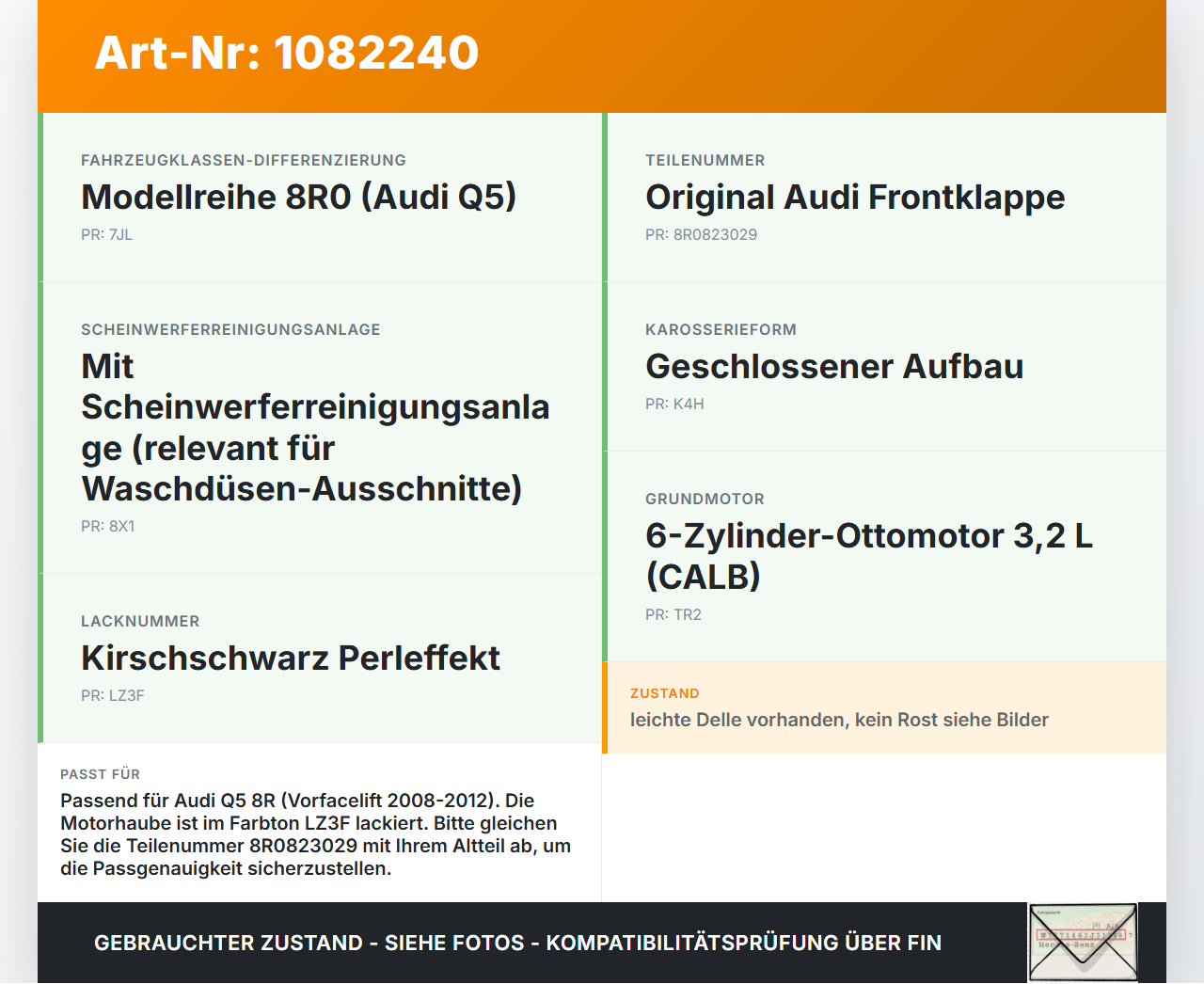 Audi Q5 8R 08-12 Motorhaube Frontklappe Haube LZ3F Audi Audi Q5 8R 08-12 09.06.2009 8R0823029 gebraucht Vorschau 3