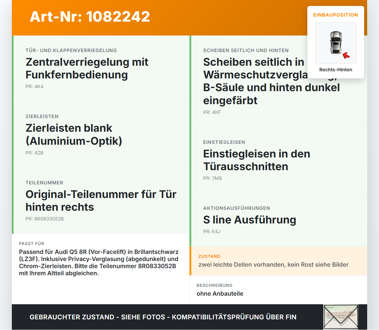Audi Q5 8R 08-12 Tür Rechts Hinten LZ3F Audi Audi Q5 8R 08-12 09.06.2009 8R0833052B gebraucht Vorschau 3