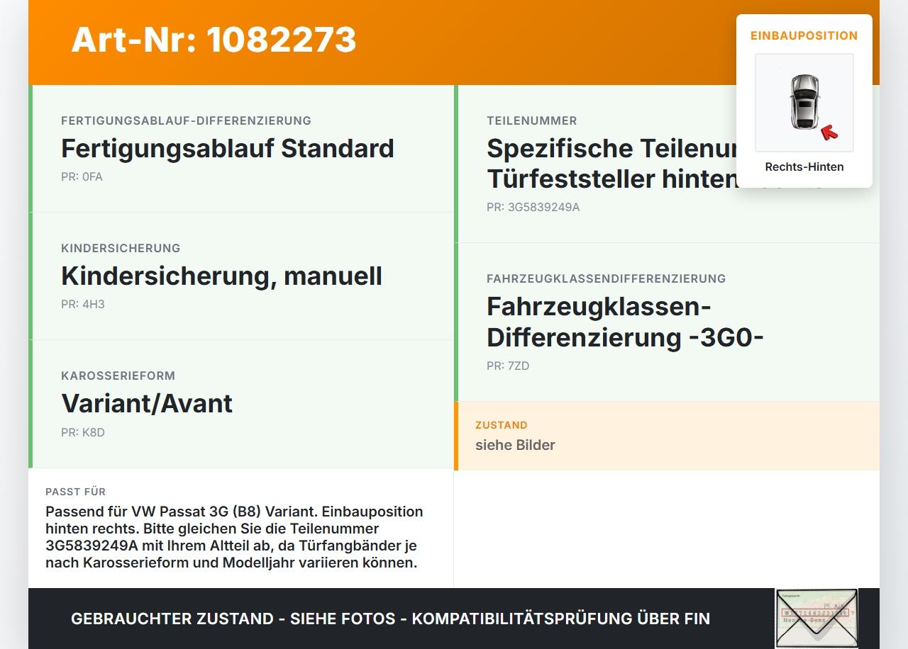 VW Passat 3G 14-19 Kombi Türfangband Türbremse Türfeststeller Türanschlag Rechts Hinten VW Passat 3G 14-19... Vorschau 3