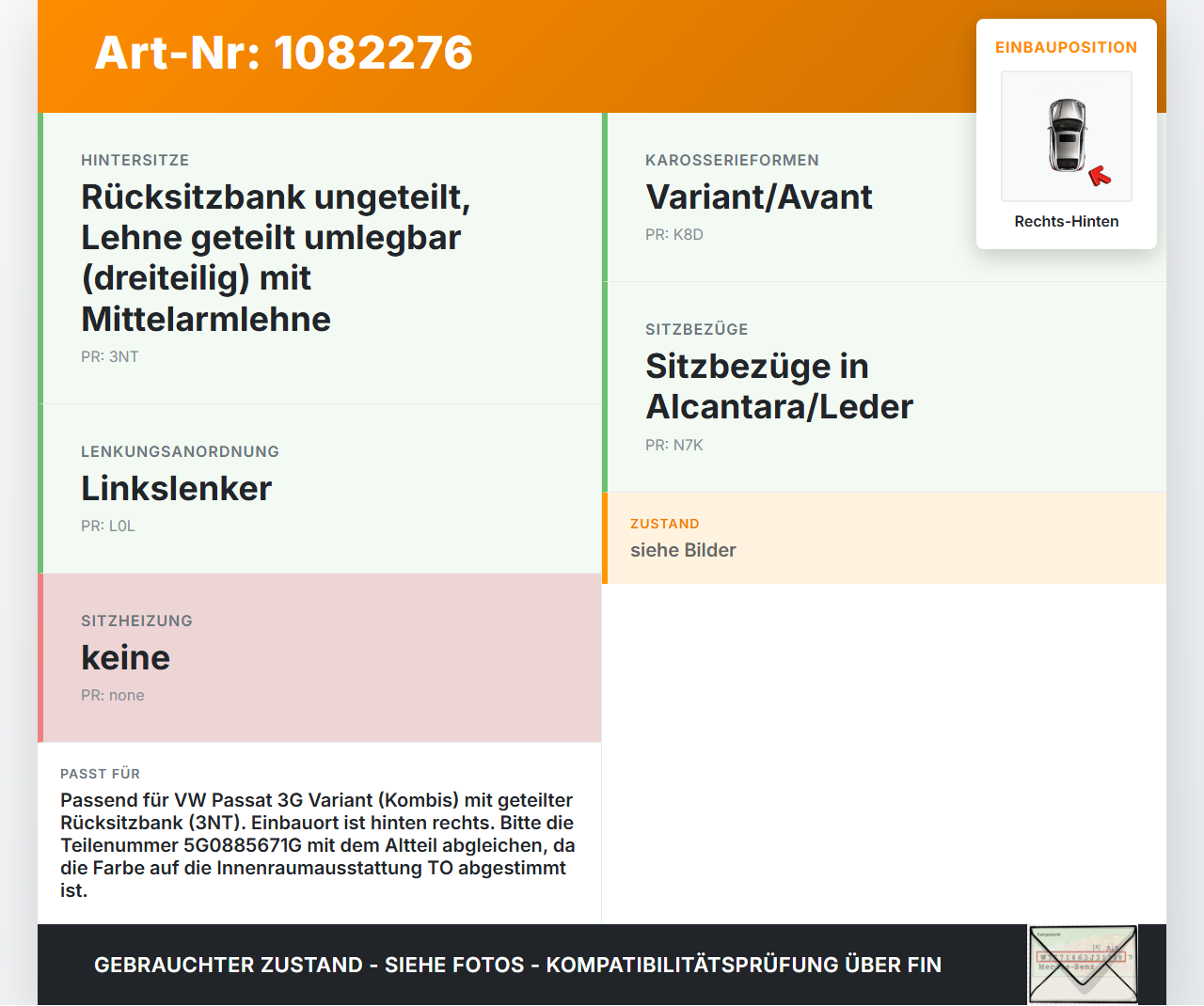 VW Passat 3G 14-19 Schalter Hebel für Klappfunktion Sitz Rechts Hinten VW Passat 3G 14-19 11.04.2016 5G0885671G... Vorschau 3