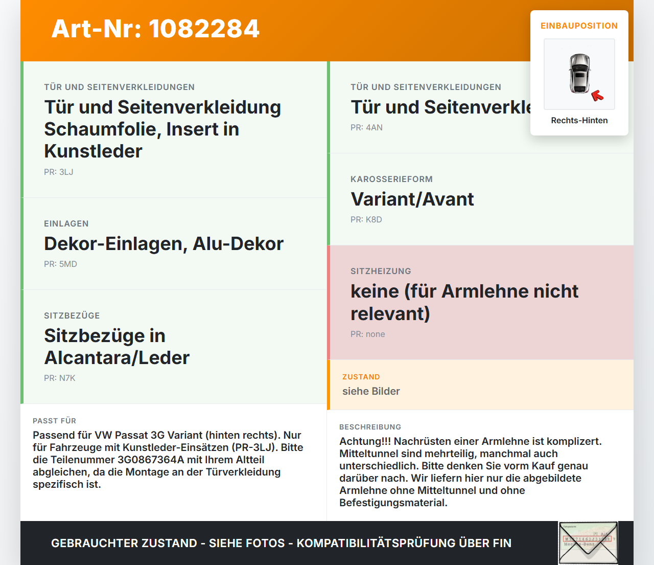 VW Passat 3G 14-19 Armlehne Auflage für Türverkleidung Rechts Hinten VW Passat 3G 14-19 11.04.2016 3G0867364A gebraucht Vorschau 3