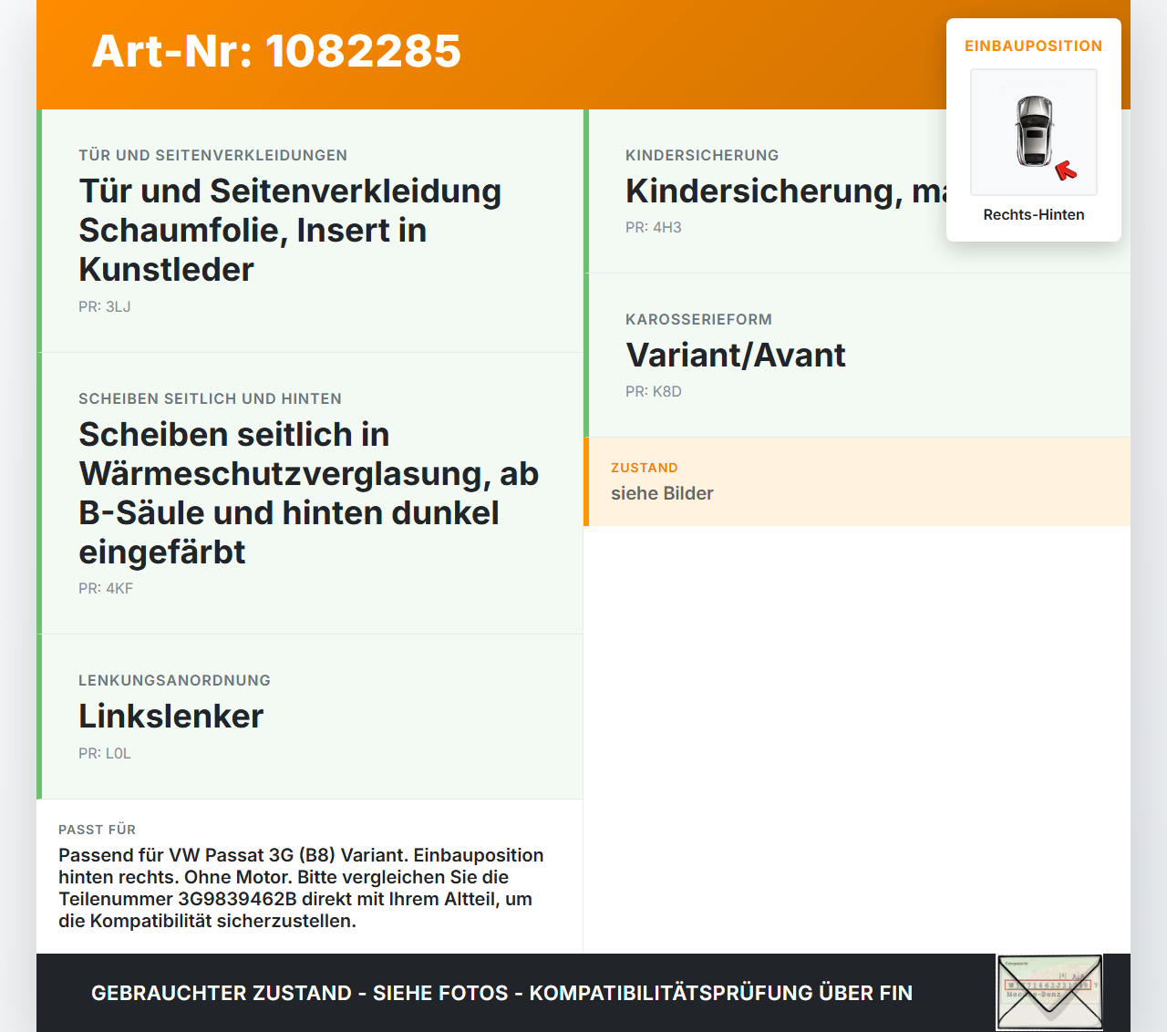 VW Passat 3G 14-19 Kombi Fensterheber o. FH-Motor Hinten Rechts VW Passat 3G 14-19 11.04.2016 3G9839462B 3G9839462A... Vorschau 3