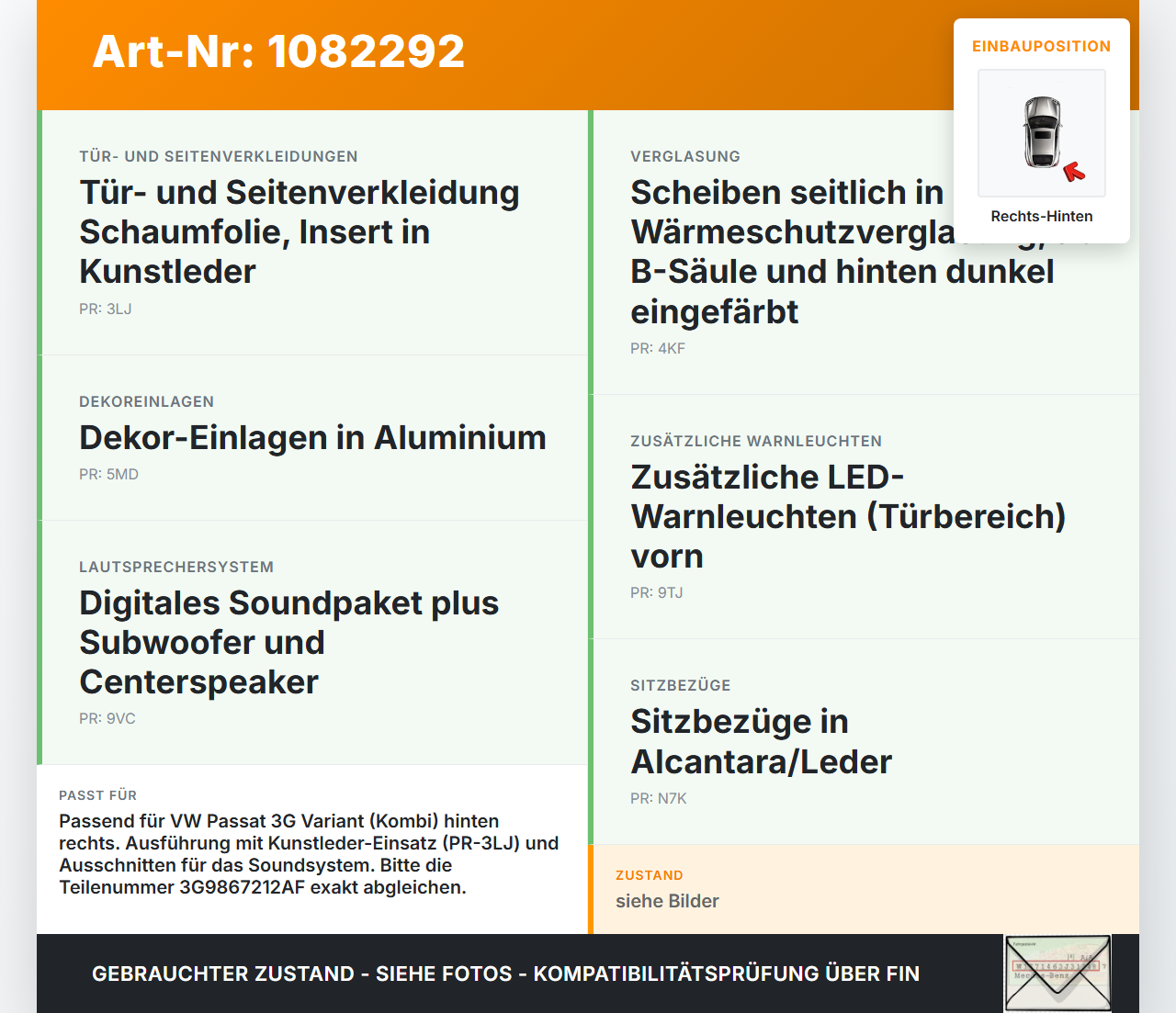 VW Passat 3G 14-19 Kombi Türverkleidung Türpappe Rechts Hinten VW Passat 3G 14-19 11.04.2016 3G9867212AF... Vorschau 3