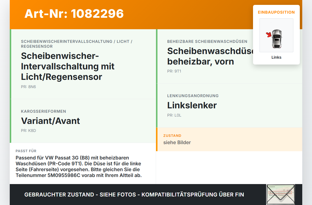 VW Passat 3G 14-19 Waschdüse für Windschutzscheibe WS Links beheizt VW Passat 3G 14-19 11.04.2016 5M0955986C gebraucht Vorschau 3