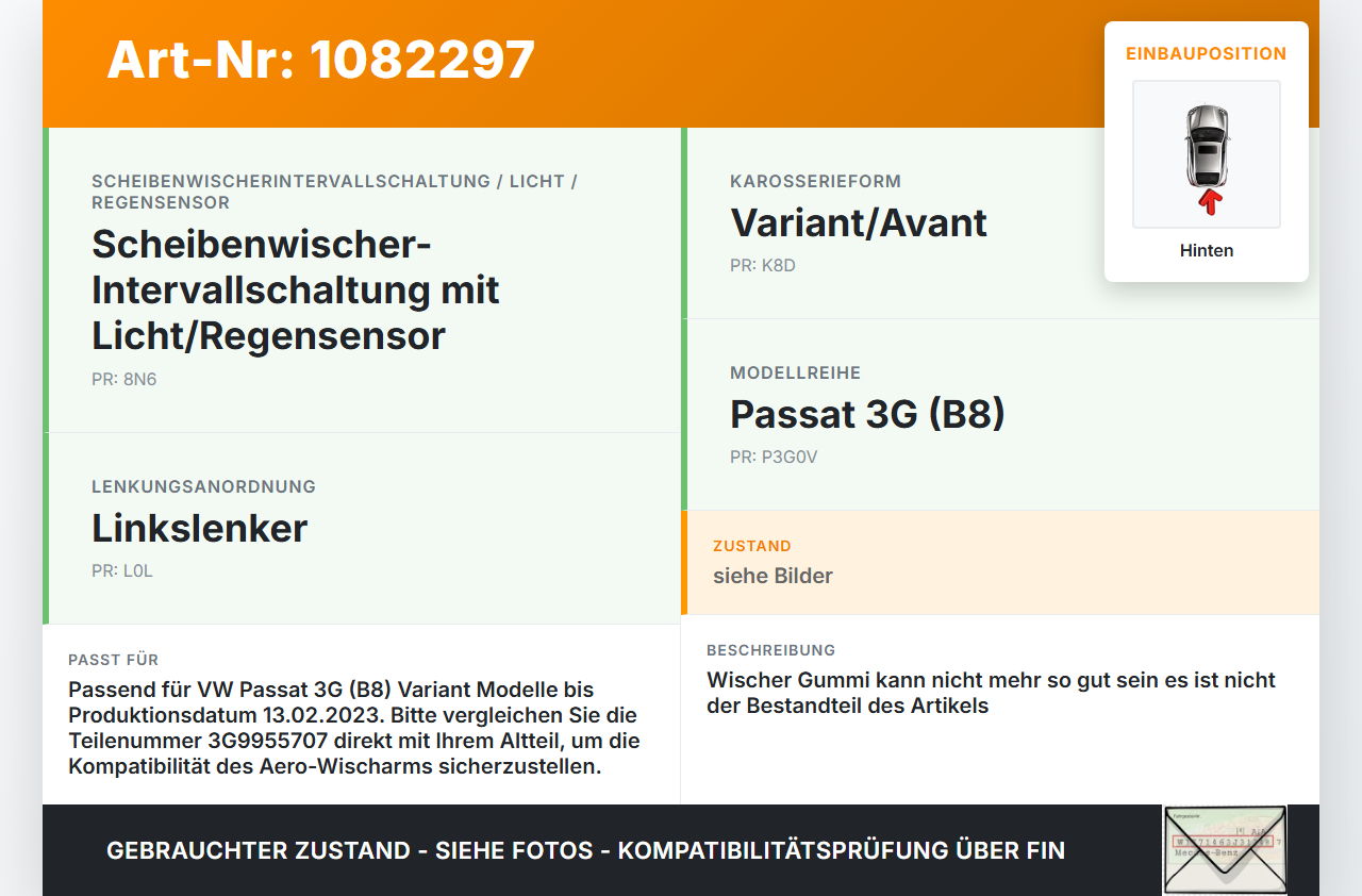 VW Passat 3G 14-19 Kombi Heckwischer Scheibenwischer Hinten Wischarm VW Passat 3G 14-19 11.04.2016 3G9955707 gebraucht Vorschau 3