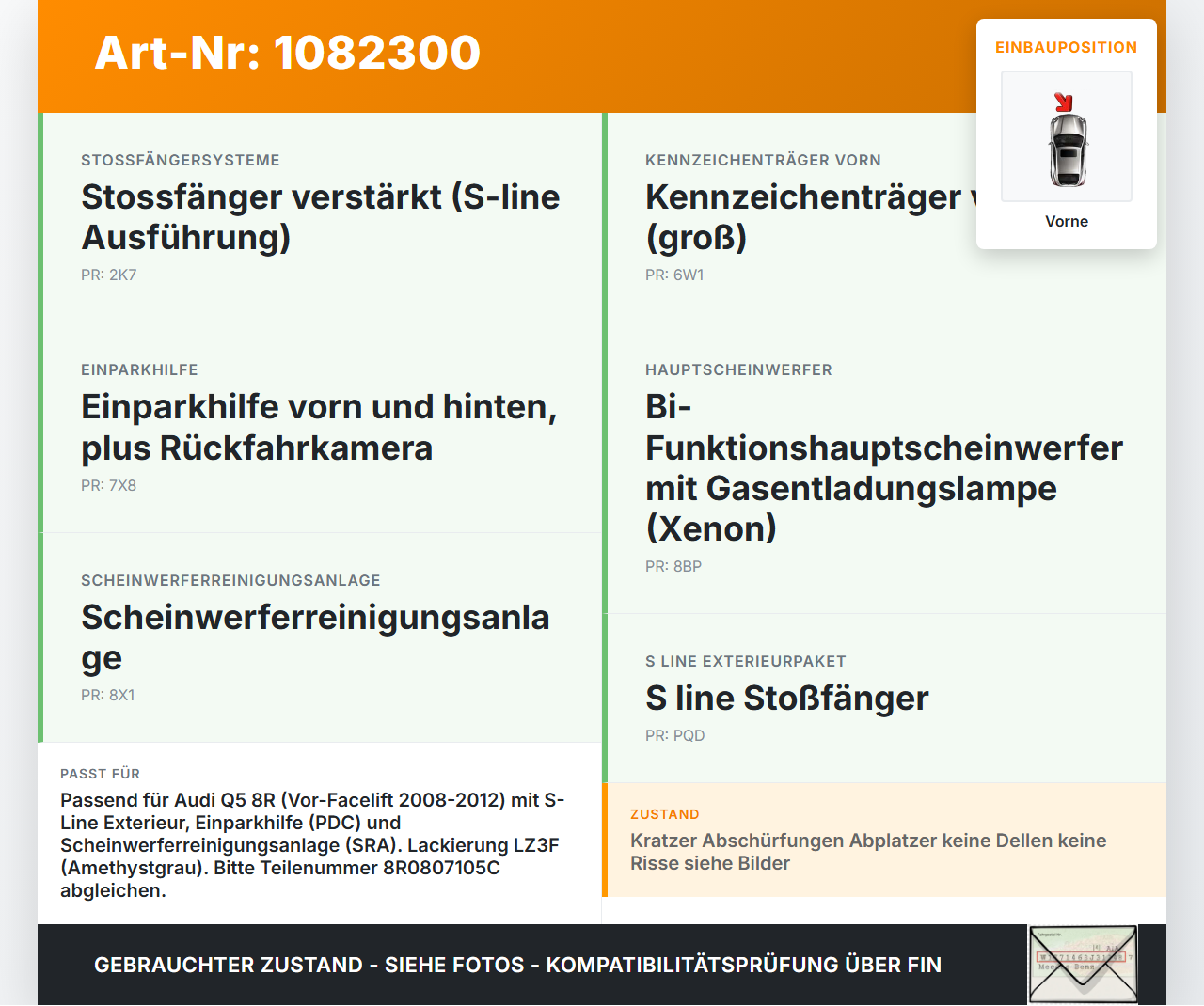 Audi Q5 8R 08-12 Stoßstange Stoßfänger Frontschürze Vorne LZ3F Audi Audi Q5 8R 08-12 09.06.2009 8R0807105C gebraucht Vorschau 3