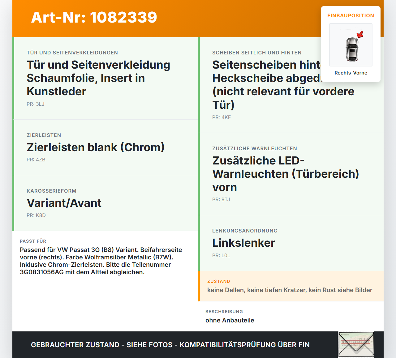VW Passat 3G 14-19 Kombi Tür Beifahrertür Rechts Vorne LB7W VW Passat 3G 14-19 11.04.2016 3G0831056AG gebraucht Vorschau 3