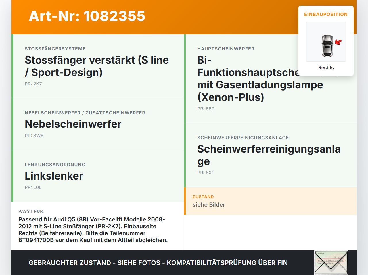 Audi Q5 8R 08-12 Nebelscheinwerfer Rechts orig. Audi Audi Q5 8R 08-12 09.06.2009 8T0941700B gebraucht Vorschau 3