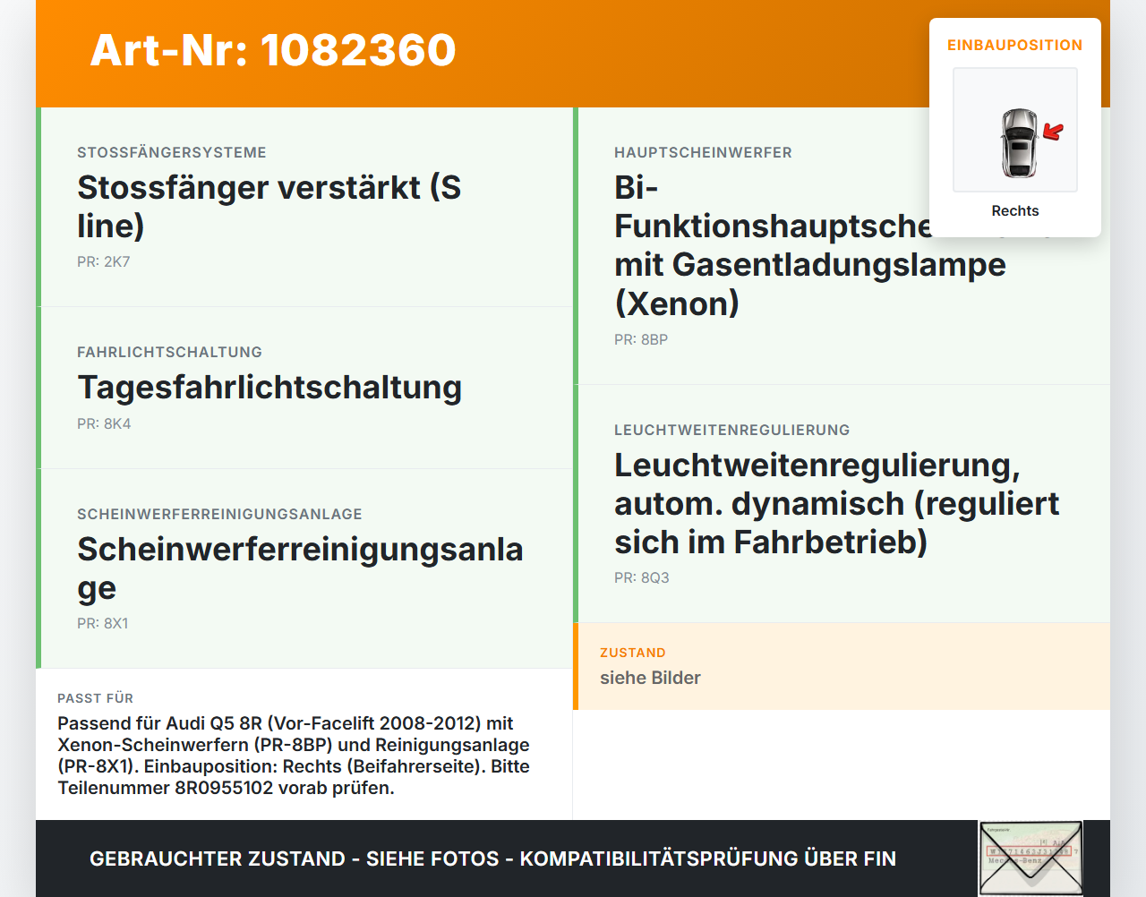 Audi Q5 8R 08-12 Waschdüse Hubzylinder SRA für Scheinwerfer Rechts Audi Audi Q5 8R 08-12 09.06.2009 8R0955102 gebraucht Vorschau 3