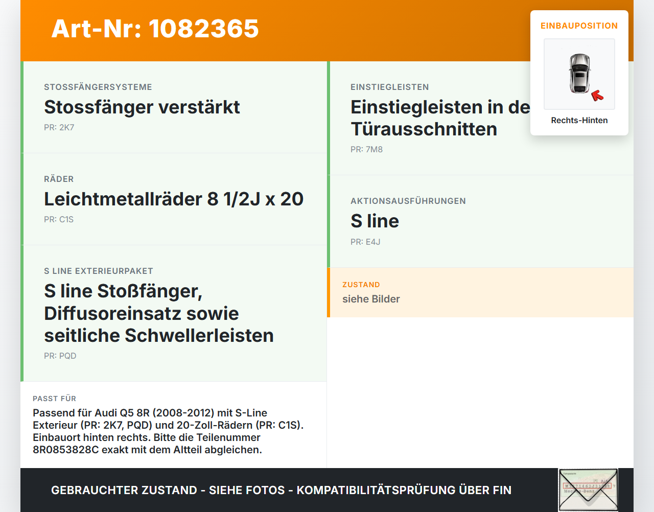 Audi Q5 8R 08-12 Schmutzfänger Hinten Rechts Audi Audi Q5 8R 08-12 09.06.2009 8R0853828C 8R0853888 gebraucht Vorschau 3