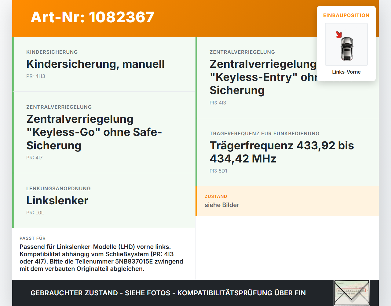 VW Passat 3G 14-19 Kombi Türschloss m. ZV Stellmotor Links Vorne VW Passat 3G 14-19 11.04.2016 5NB837015E 5E1837015... Vorschau 3