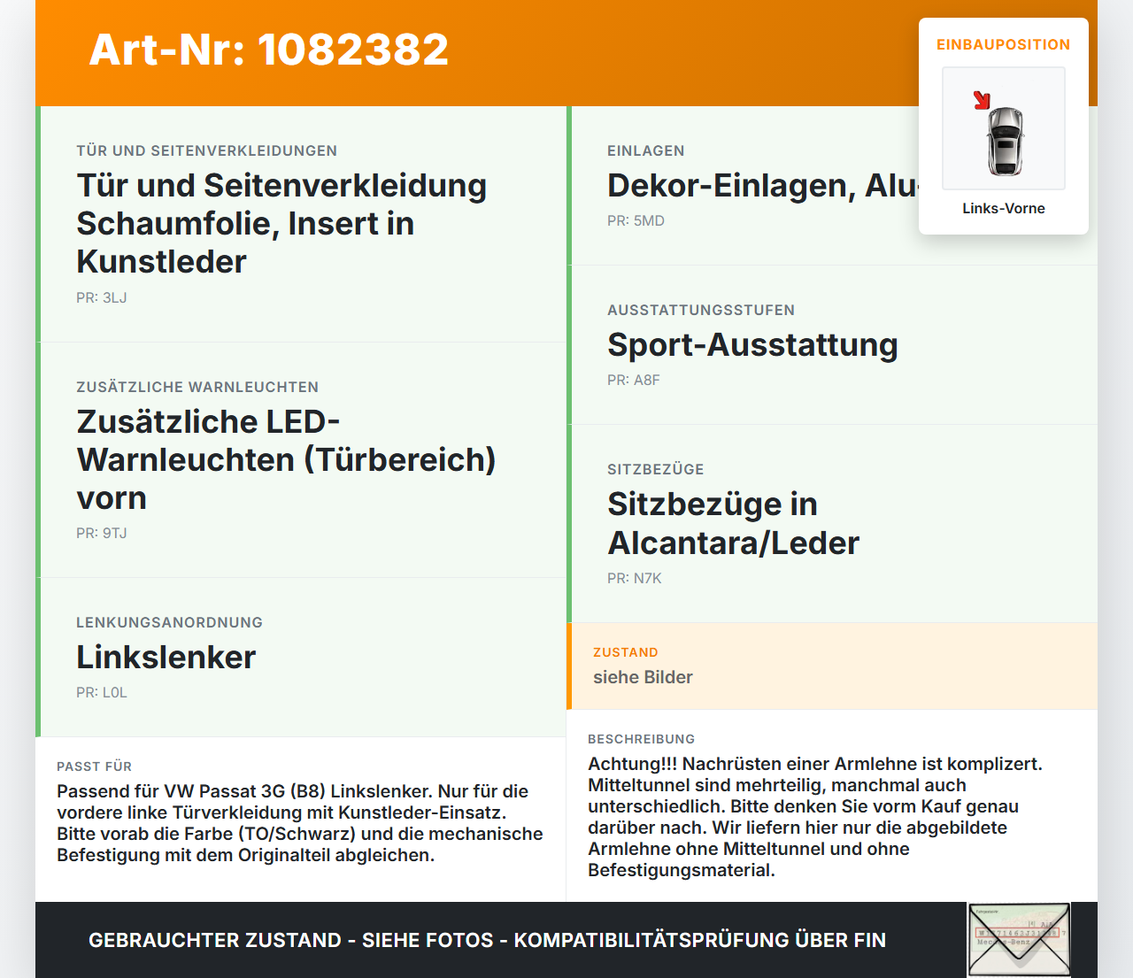 VW Passat 3G 14-19 Armlehne Auflage für Türverkleidung Links Vorne VW Passat 3G 14-19 11.04.2016 197018962-01 gebraucht Vorschau 3