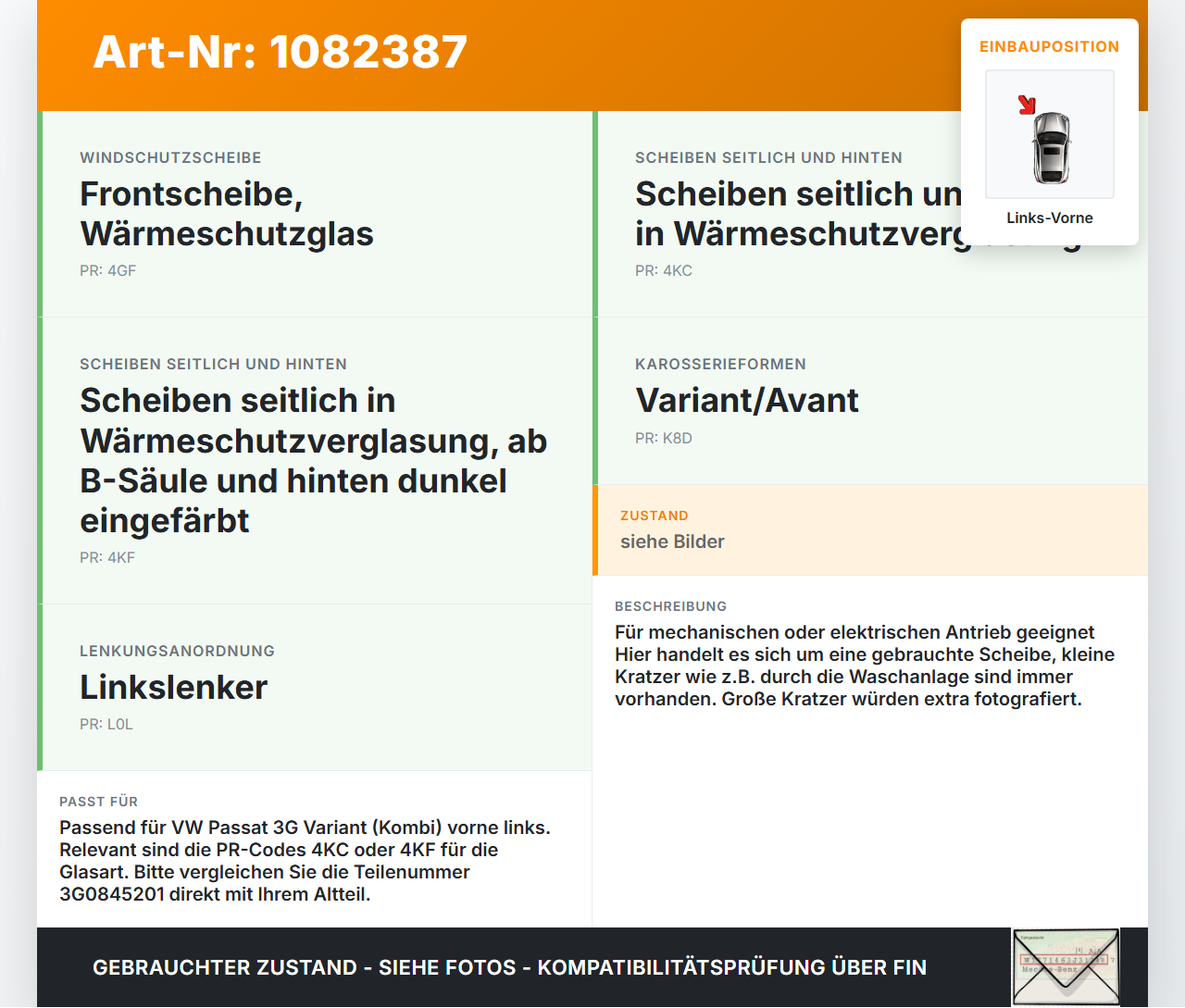 VW Passat 3G 14-19 Kombi Seitenscheibe LVK Fenster Türscheibe Links Vorne VW Passat 3G 14-19 11.04.2016 3G0845201... Vorschau 3