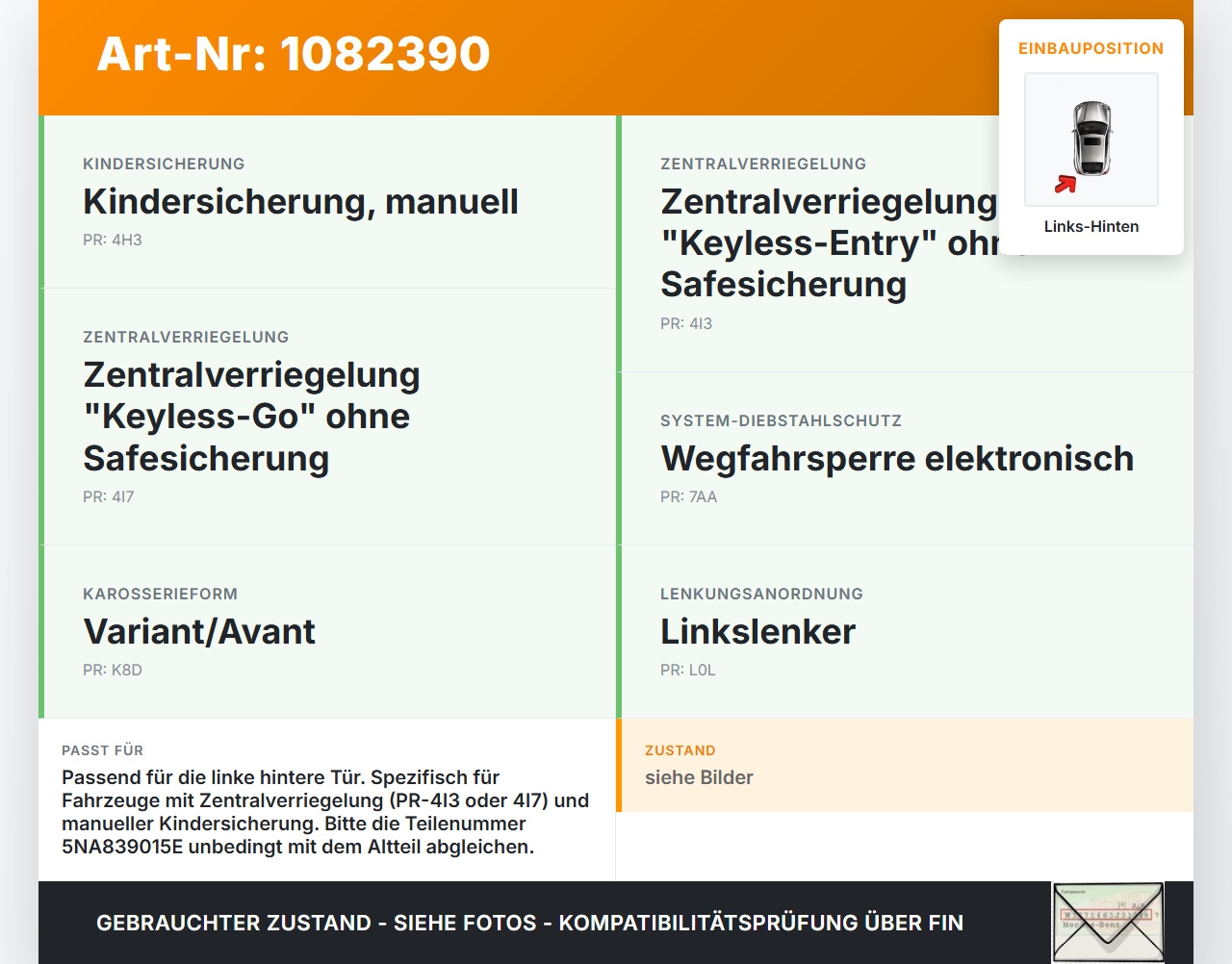 VW Passat 3G 14-19 Kombi Türschloss Stellmotor Türschloß Hinten Links VW Passat 3G 14-19 11.04.2016 5NA839015E... Vorschau 3