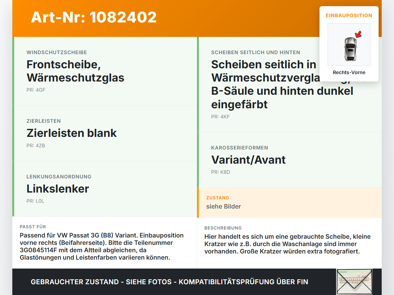 VW Passat 3G 14-19 Kombi Seitenscheibe Dreieck Türscheibe Rechts Vorne VW Passat 3G 14-19 11.04.2016 3G0845114F... Vorschau 3