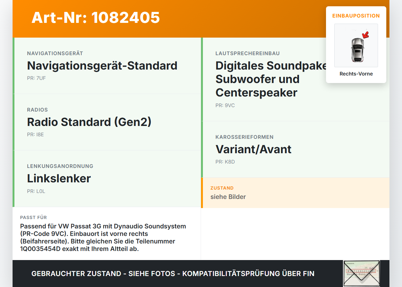 VW Passat 3G 14-19 Lautsprecher Rechts Vorne Dynaudio VW Passat 3G 14-19 11.04.2016 1Q0035454D 7390577 gebraucht Vorschau 3