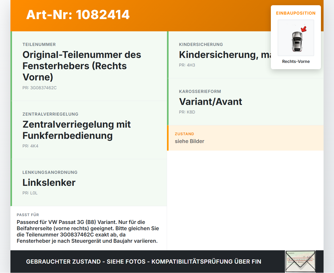 VW Passat 3G 14-19 Kombi Fensterheber o. FH-Motor Rechts Vorne VW Passat 3G 14-19 11.04.2016 3G0837462C 3G0837462B... Vorschau 3