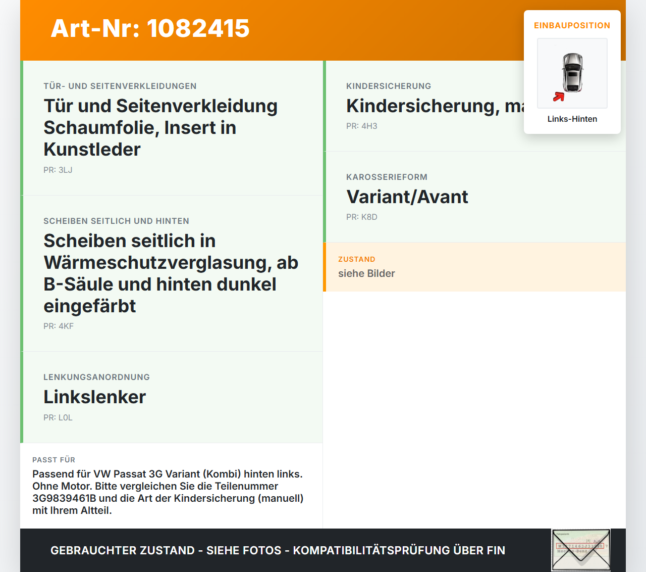 VW Passat 3G 14-19 Kombi Fensterheber o. FH-Motor Hinten Links VW Passat 3G 14-19 11.04.2016 3G9839461B 3G9839461A... Vorschau 3