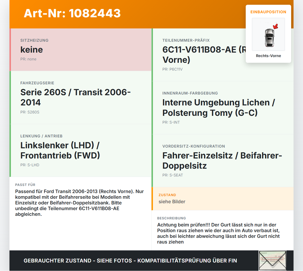 Ford Transit VI 06-13 Kasten Gurt Sicherheitsgurt Rechts Vorne Ford Transit VI 06-13 02.01.2014 6C11-V611B08-AE... Vorschau 3