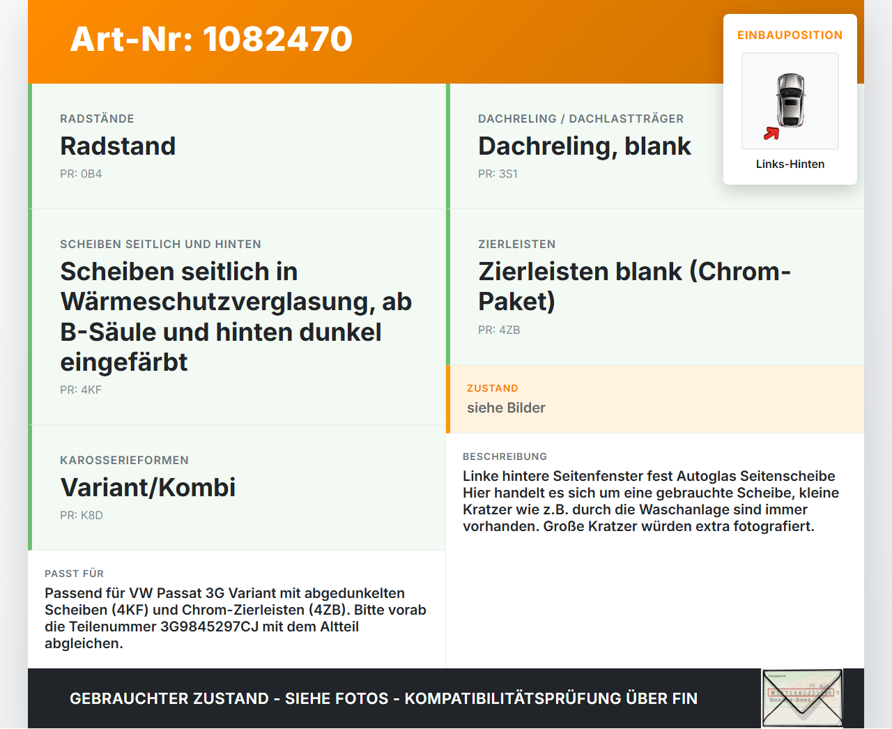 VW Passat 3G 14-19 Kombi Seitenscheibe Feste Scheibe Links Hinten Orig. getönt VW Passat 3G 14-19 11.04.2016... Vorschau 3