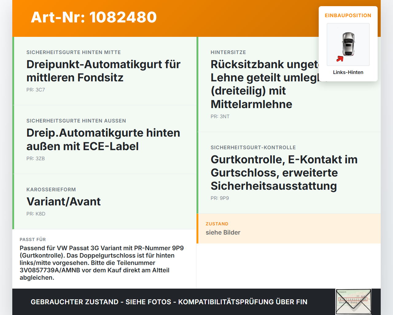 VW Passat 3G 14-19 Kombi Gurtschloss Links und Mitte Hinten VW Passat 3G 14-19 11.04.2016 3V0857739A gebraucht Vorschau 3