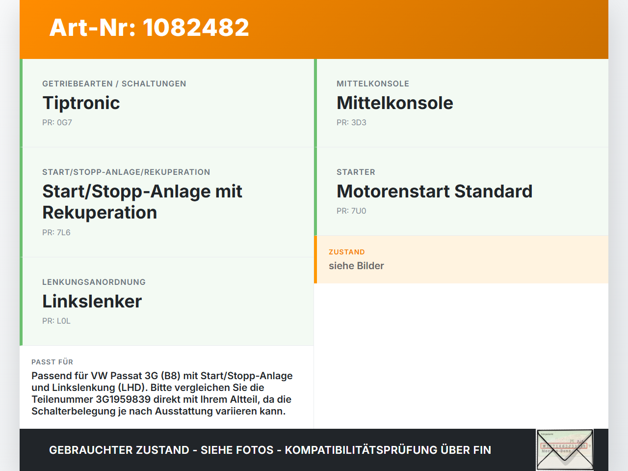 VW Passat 3G 14-19 Schalter Start Stop On Off Anlassschalter VW Passat 3G 14-19 11.04.2016 3G1959839 gebraucht Vorschau 3