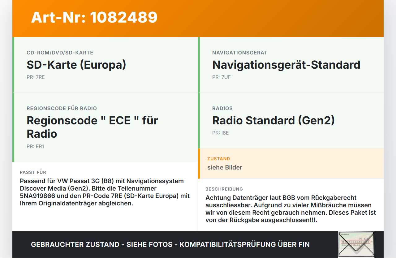 VW Passat 3G 14-19 Navi Navigation Europa V4 Karten SD Card VW Passat 3G 14-19 11.04.2016 f5NA919866 3G0919866M... Vorschau 3