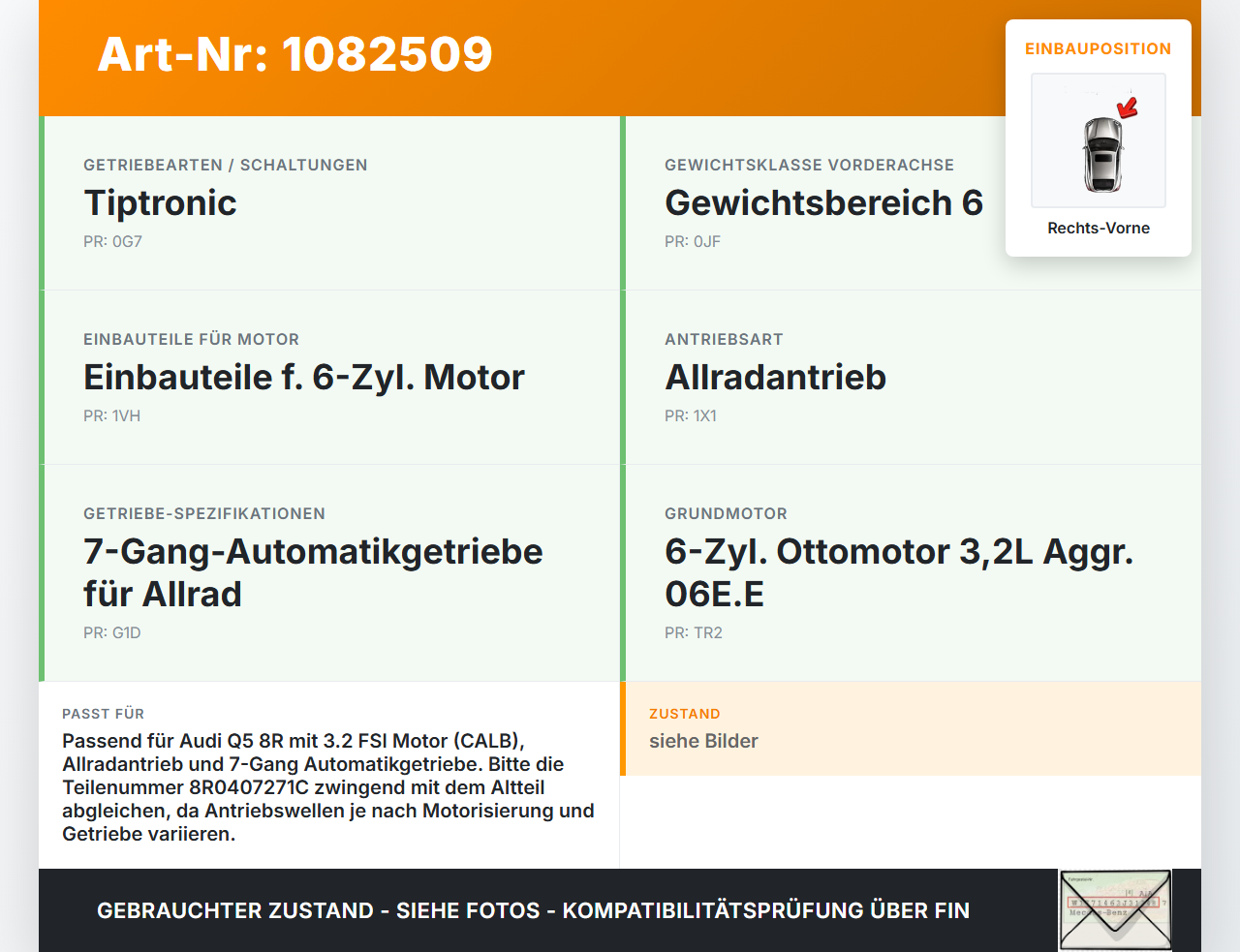 Audi Q5 8R 08-12 FSI 3,2 199KW Autom 4WD Antriebswelle Gelenkwelle Rechts Vorne Audi Audi Q5 8R 08-12 09.06.2009... Vorschau 3