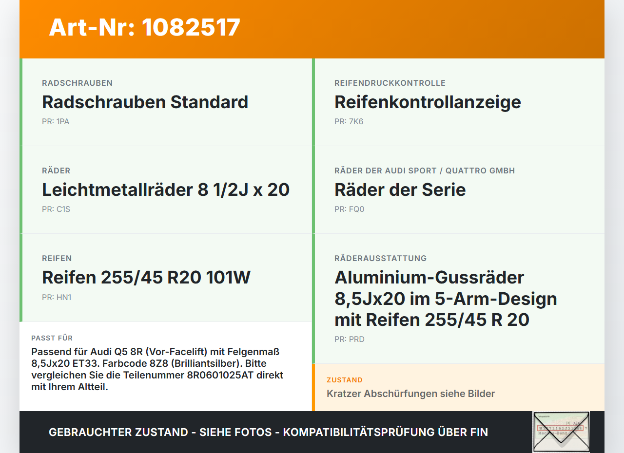 Audi Q5 8R 08-12 1 x Felge Aluminiumfelge 20 Zoll 5X112 Audi Audi Q5 8R 08-12 09.06.2009 8R0601025D 8R0601025AT... Vorschau 3