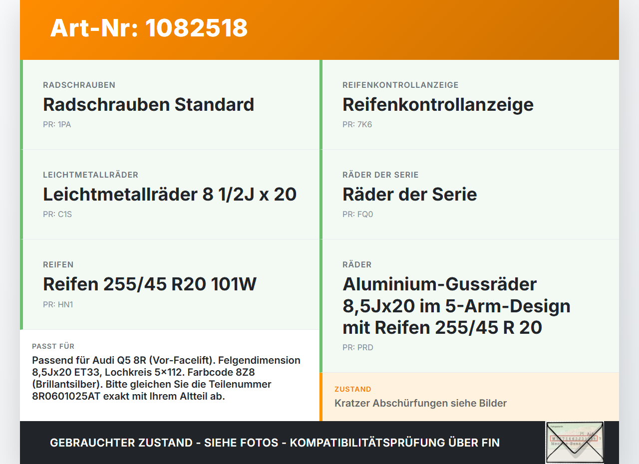 Audi Q5 8R 08-12 1 x Felge Aluminiumfelge 20 Zoll 5X112 Audi Audi Q5 8R 08-12 09.06.2009 8R0601025D 8R0601025AT... Vorschau 3