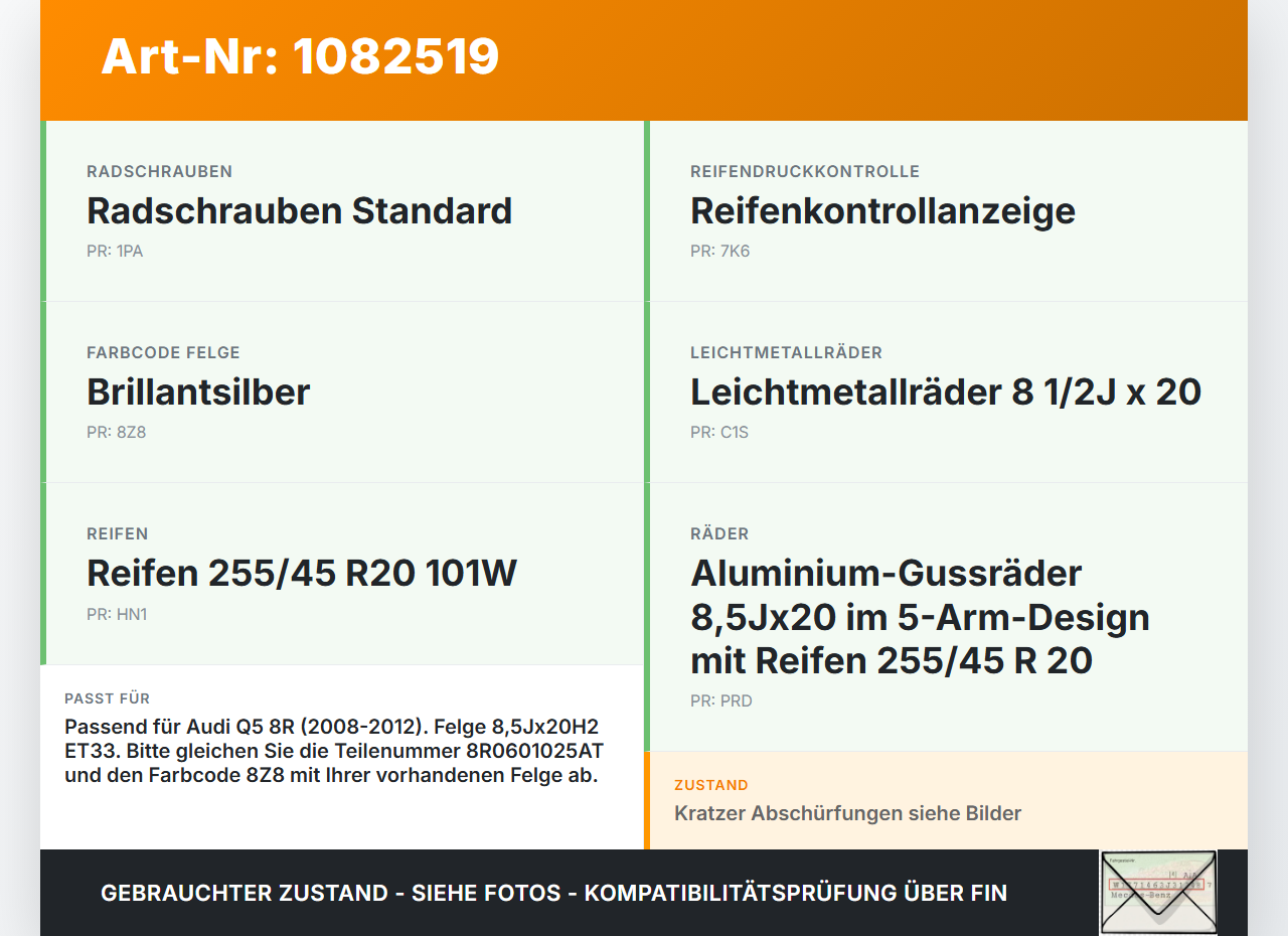 Audi Q5 8R 08-12 1 x Felge Aluminiumfelge 20 Zoll 5X112 Audi Audi Q5 8R 08-12 09.06.2009 8R0601025D 8R0601025AT... Vorschau 3
