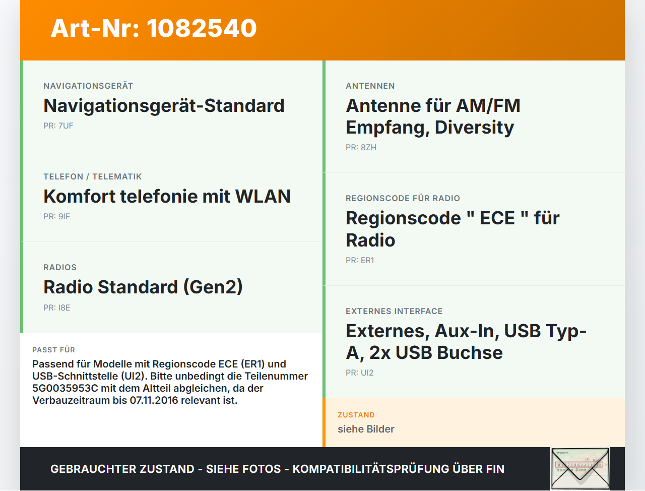 VW Passat 3G 14-19 Antennenverstärker Weiche Antenne USB HUB HBM VW Passat 3G 14-19 11.04.2016 5G0035953C gebraucht Vorschau 3
